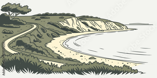 A winding road leading to a serene and picturesque coastal destination Vector