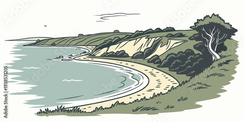 A picturesque view of a serene beach with gentle waves and a clear sky Vector