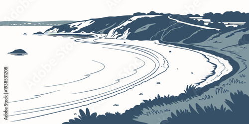 A serene winter landscape with winding river and snow-covered trees Vector