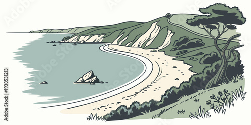 A serene coastal scene with a winding road and lush greenery Vector