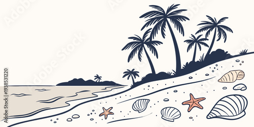 A serene beach scene with palm trees and gentle waves lapping at the shore. Vector