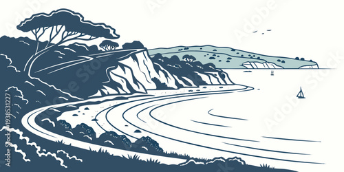 A serene view of a vast ocean with waves crashing against a rocky shore Vector