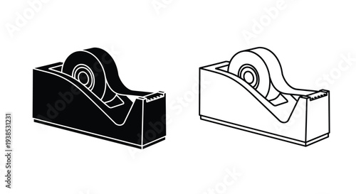 Two tape dispenser illustrations one solid and one outlined silhouette