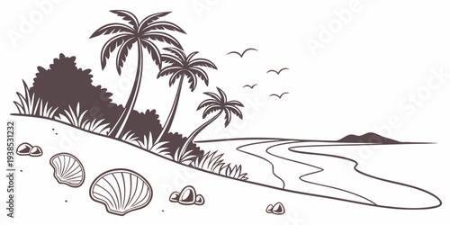 A serene beach scene with palm trees and birds flying over the ocean Vector