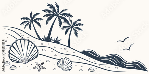 A serene beach scene with palm trees and a surfboard under a clear sky Vector