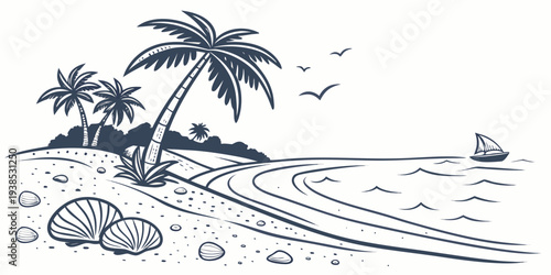 A serene beach scene with palm trees and birds flying over calm waters Vector