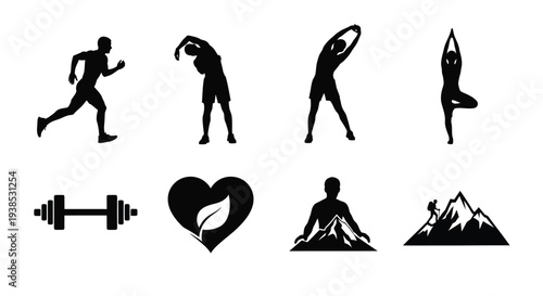 Fitness icons depicting exercise health and outdoor activities silhouette