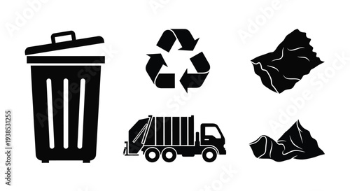 Recycling and waste management icons in black silhouette