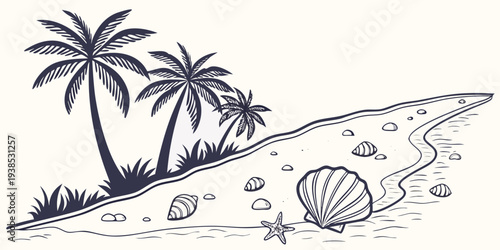 Tropical beach scene with palm trees and seashells on the sand Vector