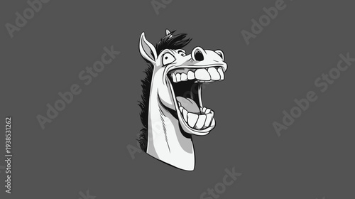 Cartoon horse head laughing loudly on dark background