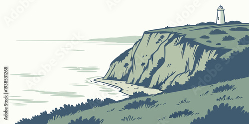 A solitary lighthouse stands tall on a rugged cliff overlooking a vast ocean. Vector