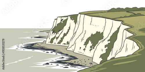 A picturesque coastal landscape with steep cliffs and crashing waves Vector