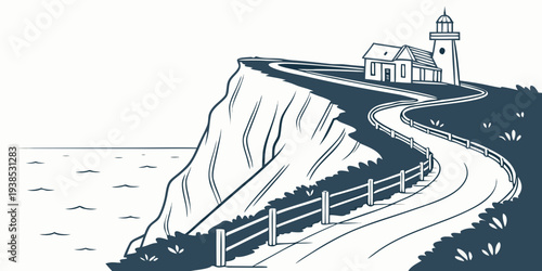 A scenic train journey along a coastal cliff with a lighthouse in the distance. Vector
