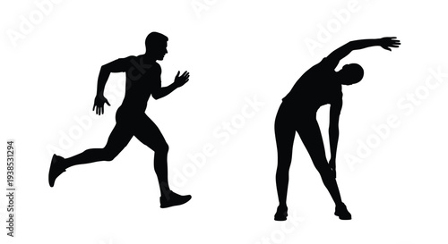 Two people exercising one running and one stretching silhouette