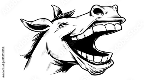 Cartoon horse head laughing black and white illustration copy space isolated