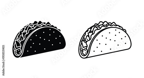Two tacos displayed in black and white a graphic silhouette