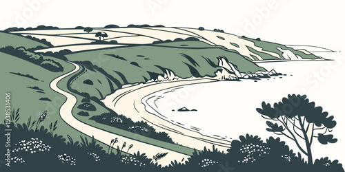 A picturesque view of a winding river flowing through a lush green valley. Vector