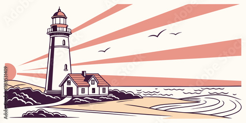 A serene lighthouse standing tall on a rocky shore during a beautiful sunset. Vector