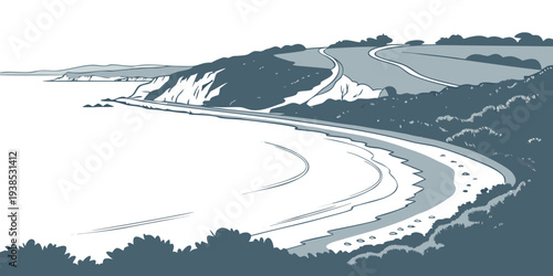 A serene beach scene with crashing waves and a clear sky in the background Vector