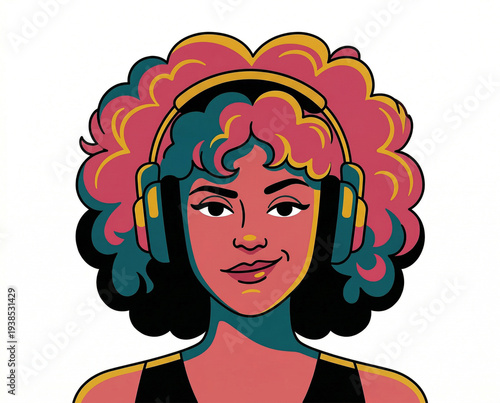 bold sonic confidence captured in vibrant curls and oversized headphones glowing with electric color