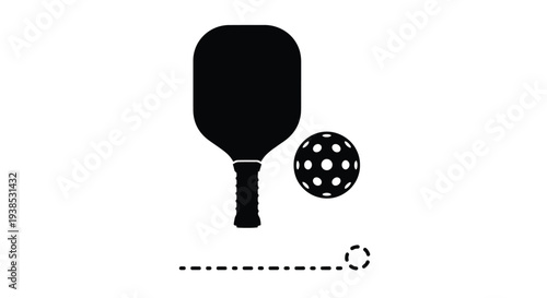 Pickleball paddle and ball illustration in dark silhouette