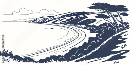 A powerful wave crashing against a rocky shoreline in a dramatic seascape. Vector