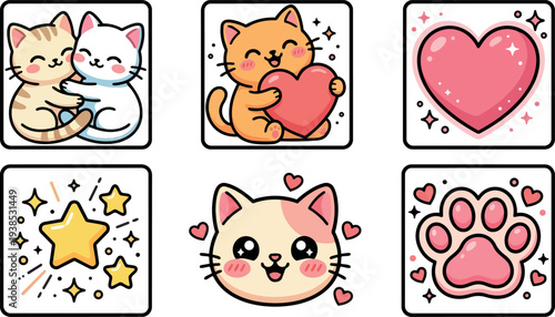 Kawaii flat design close up cat icon set showing hugging cats holding heart for valentines day in pink palette sparkly square