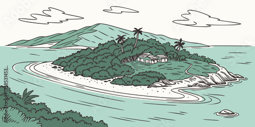 A picturesque illustration of a lush green island surrounded by a serene blue ocean. Vector