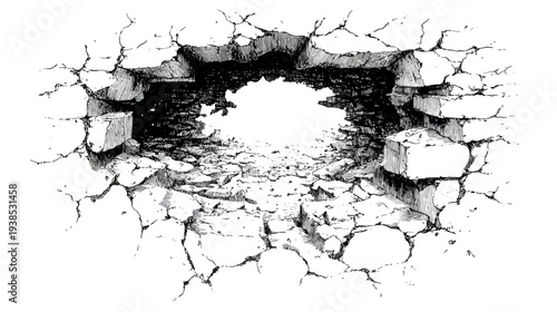 Hole in stone wall illustration showing architectural opening perspective