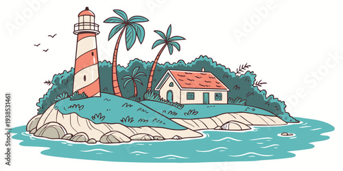 A picturesque island with a lighthouse and palm trees surrounded by the ocean. Vector