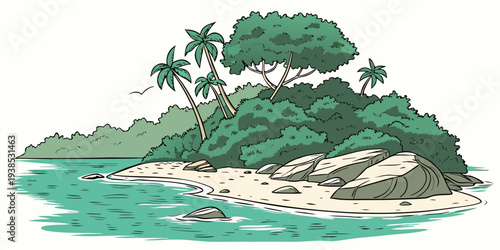 A serene beach scene with lush green trees and calm blue waters Vector