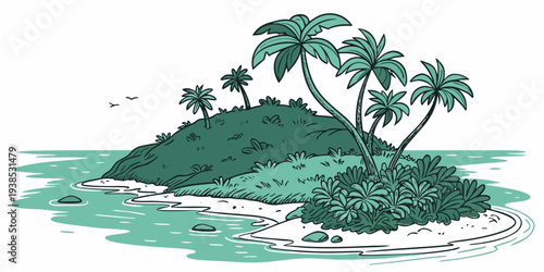 A serene tropical island with lush palm trees and a small sandy beach Vector
