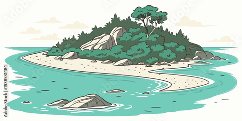 A serene island with lush greenery and a small body of water nearby Vector