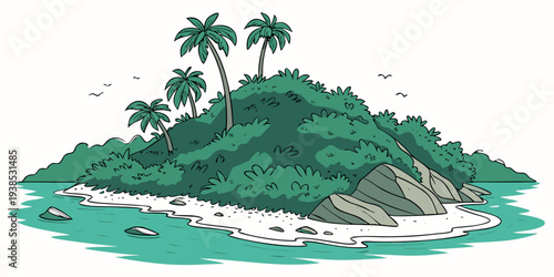 A serene tropical island with lush greenery and a small beach Vector