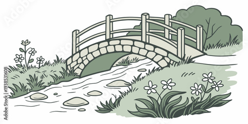 A serene wooden bridge over a tranquil stream in a lush, green park setting Vector