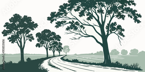 A serene landscape with winding paths and lush trees in a natural setting Vector