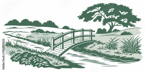 A serene bridge over a calm river surrounded by lush green trees and a clear blue sky Vector