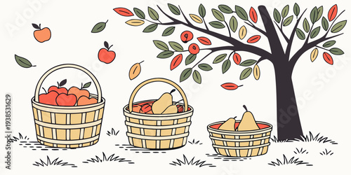 A whimsical illustration of a tree with three pots of honey and bees buzzing around. Vector