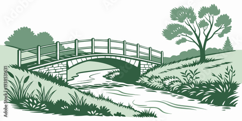 A serene landscape featuring a small wooden bridge over a tranquil stream Vector