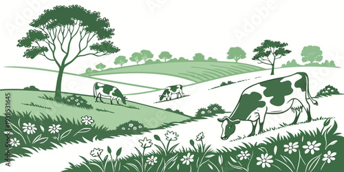 A serene countryside scene with a winding path and grazing animals Vector