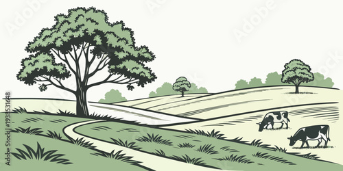 A serene landscape with a single tree standing tall on a rolling hillside Vector