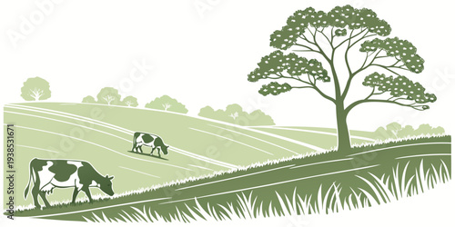 A serene landscape featuring a lush green field with a large tree and a distant mountain range Vector