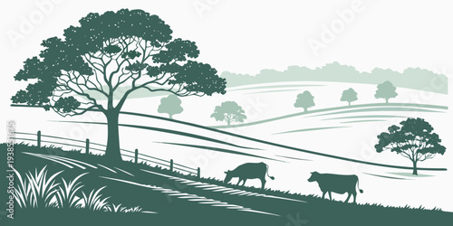 A serene countryside landscape with grazing animals and a large tree Vector
