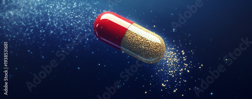 Golden Granule Capsule Releasing Sand-Like Particles Over Dark Blue Background — Medicine Concept