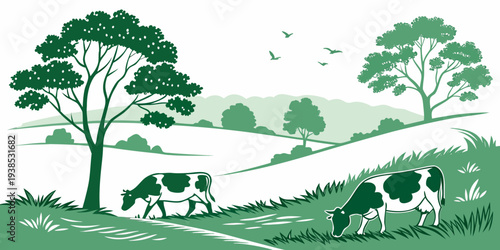 A serene landscape with animals grazing under a large tree and a river flowing through the scene Vector
