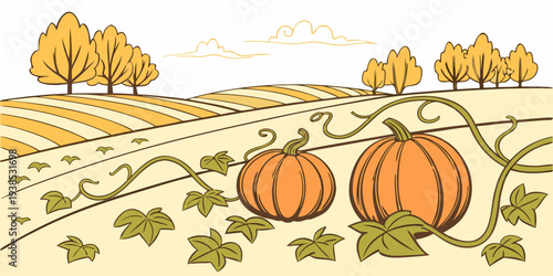 A picturesque autumn scene with pumpkins and a rustic fence in a countryside setting. Vector