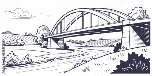 A serene landscape featuring a bridge over a tranquil river with lush surroundings Vector