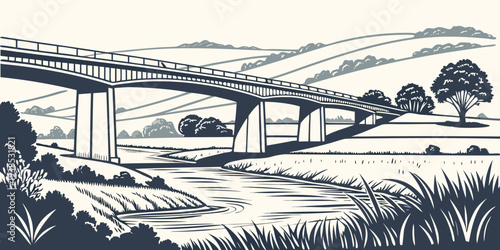 A serene landscape with a winding river and lush greenery under a clear sky Vector