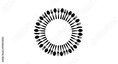 Circular arrangement of cutlery in a black silhouette
