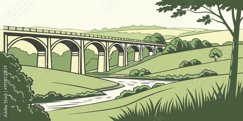 A picturesque landscape featuring a stone bridge over a serene river. Vector